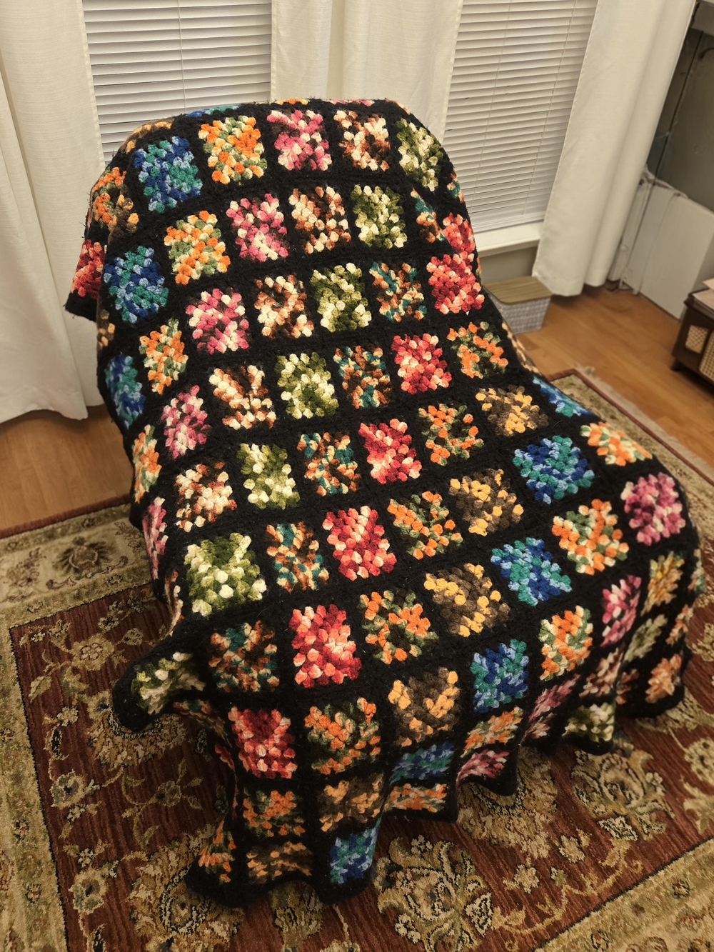 Handmade Black Crochet Afghan Blanket with Multicolor Accents